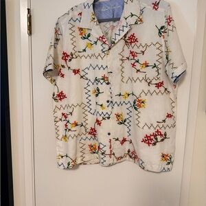 Robert Graham White Button-Down Shirt with Multicolor Floral Embroidery